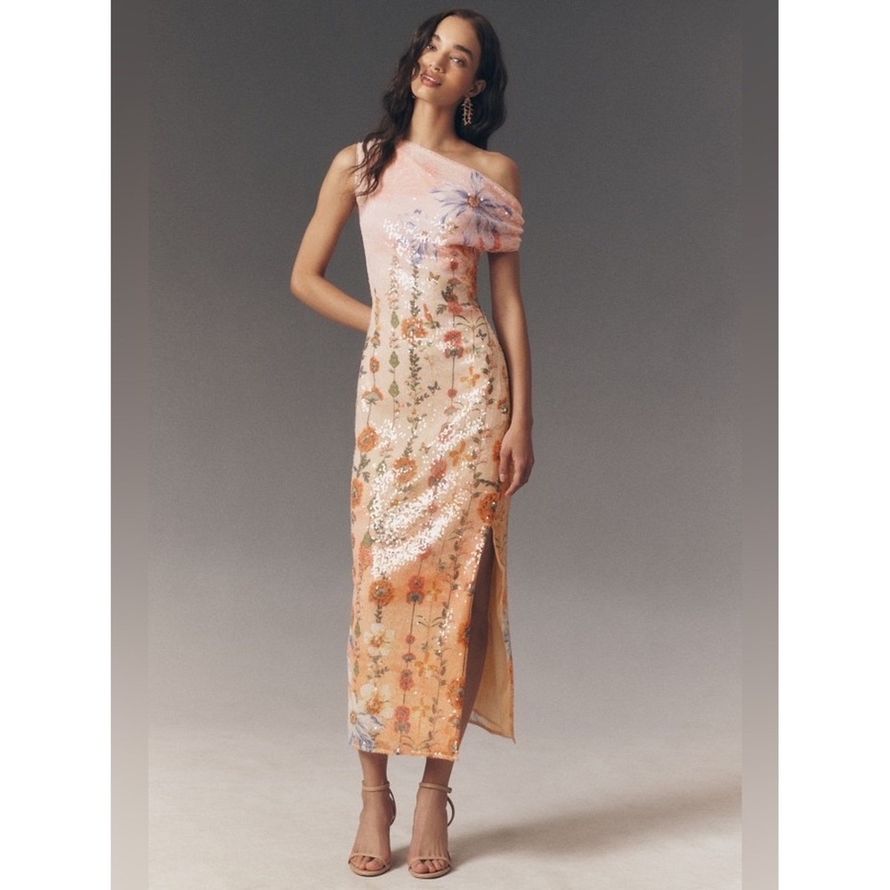 BHLDN Peach and Pink Floral Sequin One-Shoulder Maxi Dress